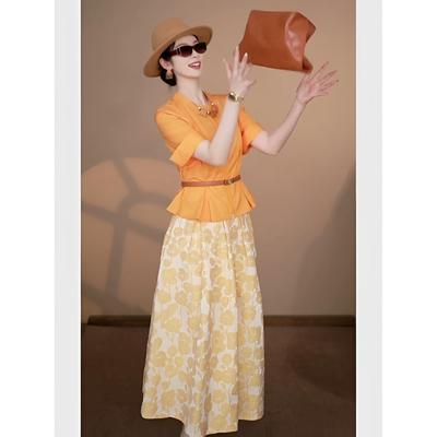 一整套多巴胺穿搭巨好看的橘色裙子职业套装女高级感2025超火夏装