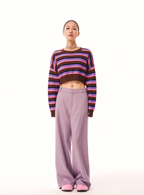 林乔芝2024年冬季新款羊绒西装裤淡紫色羊毛宽松休闲显瘦阔腿裤女