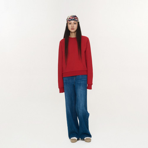 林乔芝2025新款休闲百搭时尚纯色圆领卫衣女套头长袖红色纯棉T恤