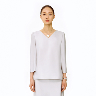 真丝上衣女V领简约气质中长袖 T恤 新款 林乔芝2026年春夏季