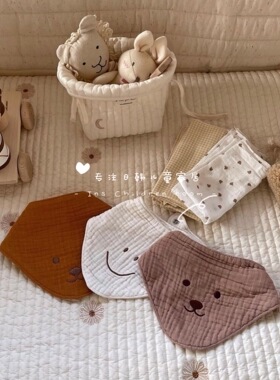 INS出口韩国宝宝幼儿四层纱布棉质小熊笑脸口水巾防哇奶巾围兜脖