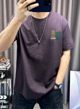 紫色棉麻短袖t恤夏季新款字母印花上衣休闲透气百搭男士薄款体恤