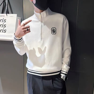 潮牌高领刺绣半拉链长袖卫衣男春秋季韩版潮流立领痞帅休闲打底衫