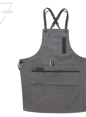 PCA款 水洗灰色咖啡色帆布背带围裙真皮咖啡店花艺师餐厅美发定制