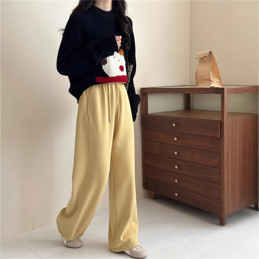 一条过冬2.0加绒加厚两穿休闲裤松紧腰宽松直筒阔腿运动裤卫裤女