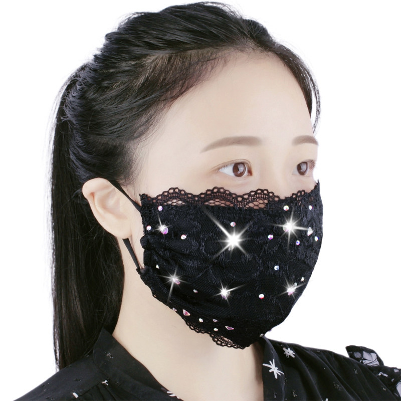 成人保暖带钻防晒口罩女士春夏秋冬季性感透气加厚可清洗蕾丝口罩