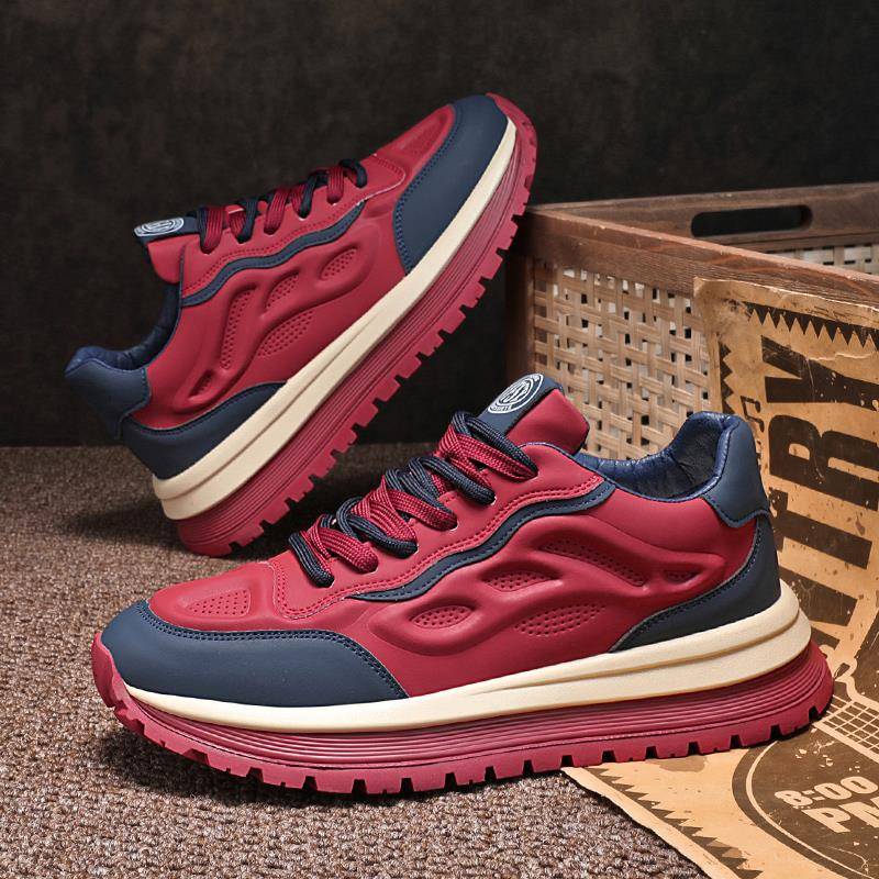 本命年红色男鞋2025新款秋季皮面休闲运动鞋男士厚底增高老爹潮鞋