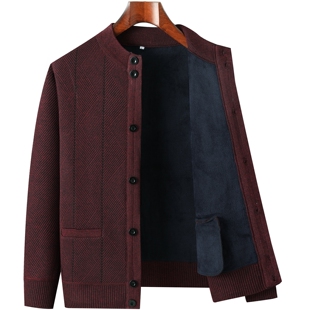 爸爸装圆领开衫毛衣男士保暖针织外套加绒加厚中老年人秋冬季上衣