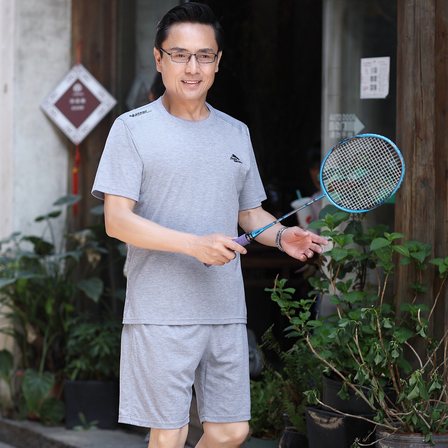 爸爸短袖短裤套装中年男士纯棉两件套中老年人男装休闲夏装运动服