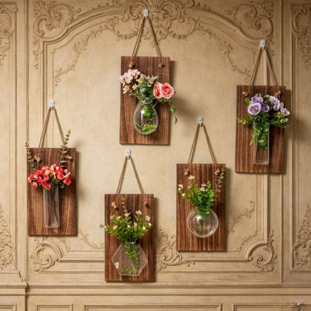 实木壁挂水培花瓶轻奢风背景墙面装饰绿萝植物挂墙玻璃花器创意