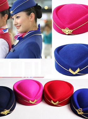 新款优雅紫色腰鼓队水兵舞台演出空姐帽乐队帽 工装礼仪帽子毛呢