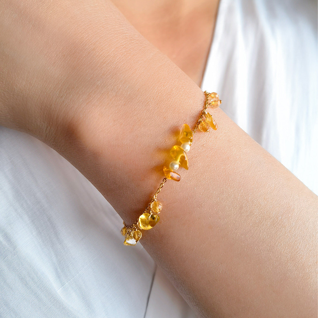 terra金秋天然琥珀黄水晶18k注金手链链原创手工七夕中秋生日礼物