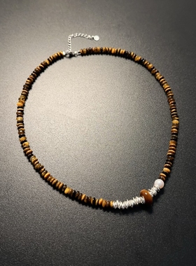 纯银虎眼石项链高级感小众圆珠颈链choker花珠棕彩色复古链