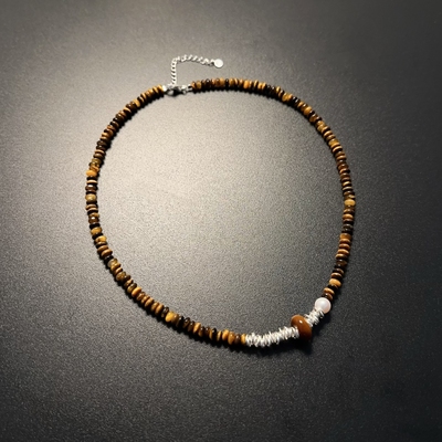 纯银虎眼石项链高级感小众圆珠颈链choker花珠棕彩色复古链