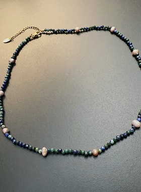 蓝色珠珠项链青金石珍珠蓝绿花珠紫细颈链choker闪波西米亚复古链