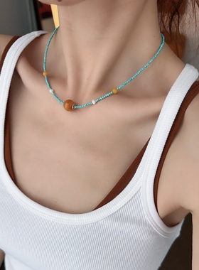 绿松石蜜蜡串珠天蓝色小米珠项链夏日choker百搭叠戴颈链新中式