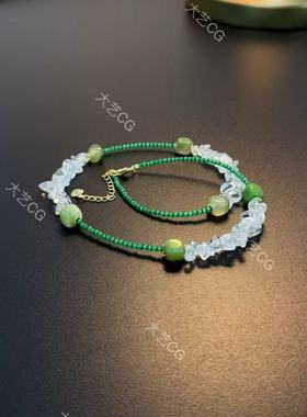 绿色项链小米珠细链白水晶不规则百搭链夏日彩色链叠戴