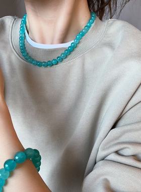 蓝色珠子天河石choker个性小众串珠颈链珠珠天蓝色短链珠串