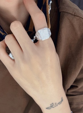 纯银方形戒指锡纸雾面925银饰品开口可调节夸张大指环