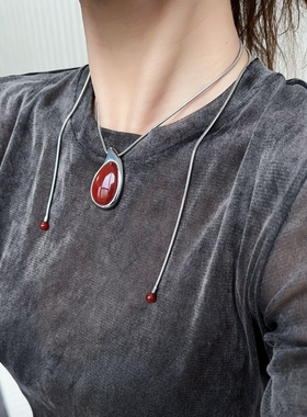 长项链红玛瑙多种佩戴方法抽绳颈链复古银毛衣裙链长choker