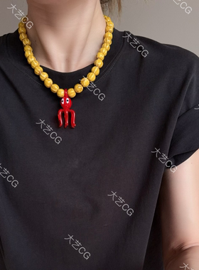 陶瓷珠彩色项链黄珠串项链复古风彩色章鱼链夏天