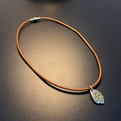 黄财神925银项链吊坠可拆卸牛皮绳复古颈链长项链NEGlc 0676