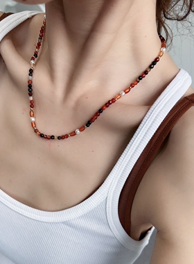 天然石彩色项链焦糖红色系夏日旅游颈链叠戴百搭珠珠链波西米亚