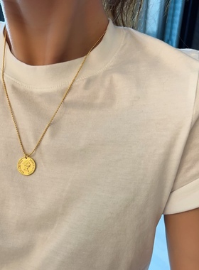 纯银项链古币vintage简约百搭细项链吊坠925银饰金色珠链