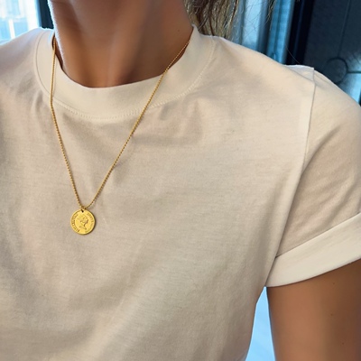 纯银项链古币vintage简约百搭细项链吊坠925银饰金色珠链