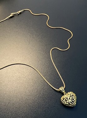 925纯银项链复古金色心形吊坠可拆卸毛衣链做旧银长链中古vintage