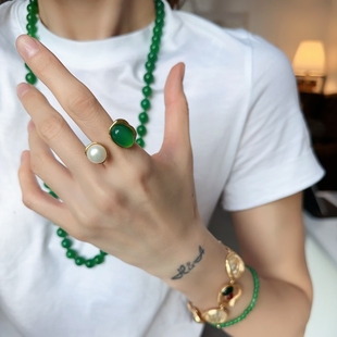 绿玛瑙珍珠戒指开口可调节简约复古指环指圈vintage彩宝