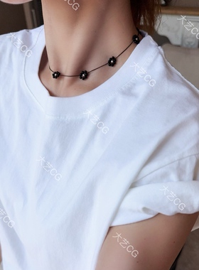 超细黑色花朵项链黑玛瑙优雅短链choker