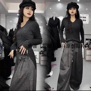 黑色连帽气质正肩针织衫冬季新款修身阔腿裤打底长袖上衣两件套装