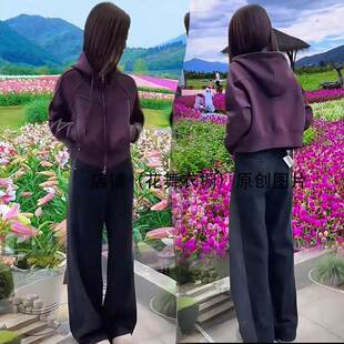 立领高腰显瘦时尚 牛仔阔腿裤 卫衣拉链宽松两件套显瘦韩版 加绒长袖