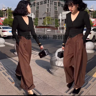 复古小个子穿搭休闲显瘦百搭棕色直筒阔腿裤 炸街2024初秋新款 韩版