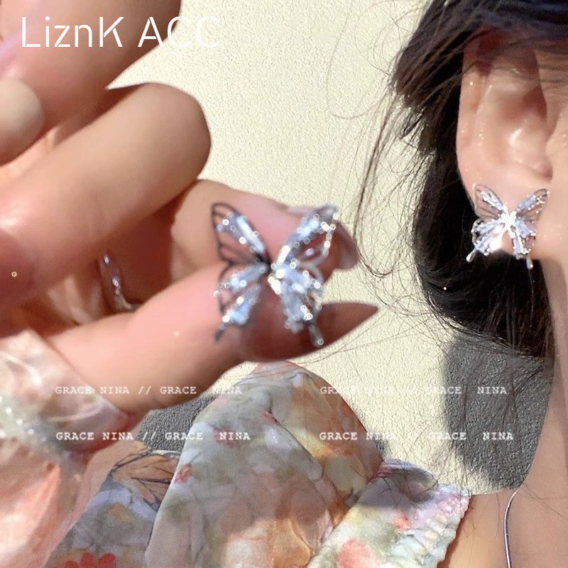 水晶锆石蝴蝶耳钉2024年新款潮高级感轻奢冷淡风耳环女