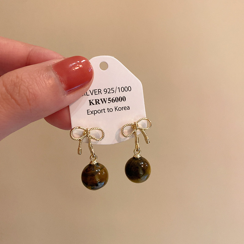 美拉德几何蝴蝶结虎眼石耳环复古时尚气质独特小众设计高级感耳饰