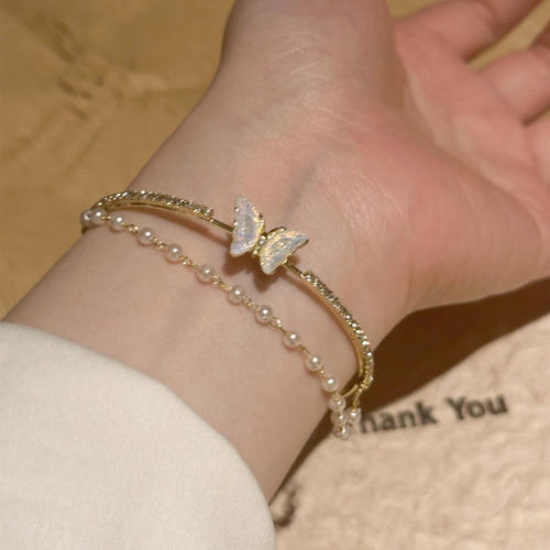 极光蝴蝶珠珠手镯女开口镯子轻奢小众手环双层复古高级感手链手饰