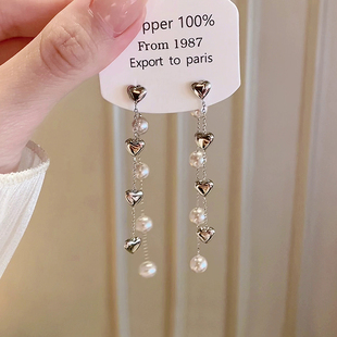 韩系后挂式爱心珍珠耳钉长款流苏耳环气质轻奢小众设计感耳坠耳饰