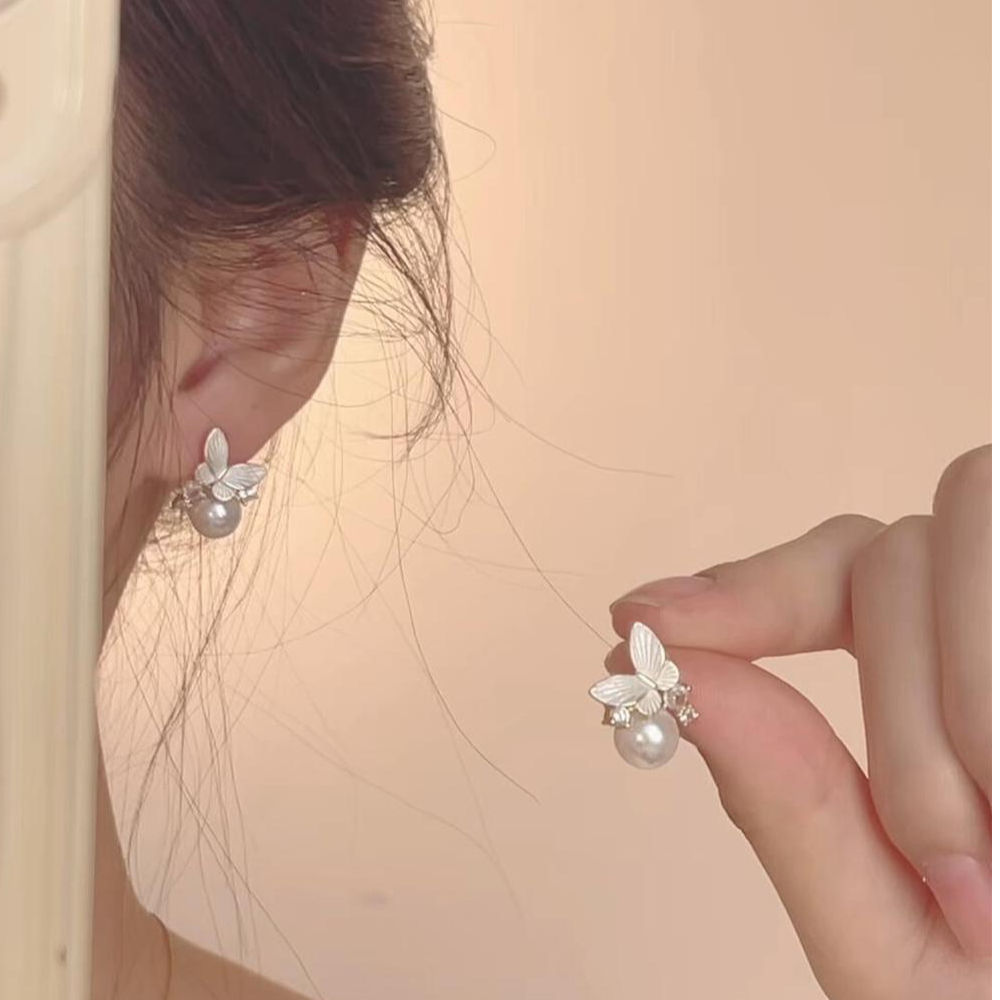 轻奢滴釉蝴蝶仿珍珠精致锆石耳春夏2025新款气质高级感耳饰女