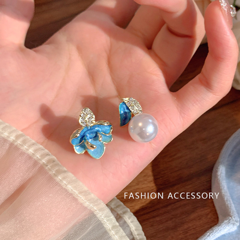 珐琅滴釉不对称耳环高级感镶钻树叶珍珠耳钉女2026爆款中式宫廷风