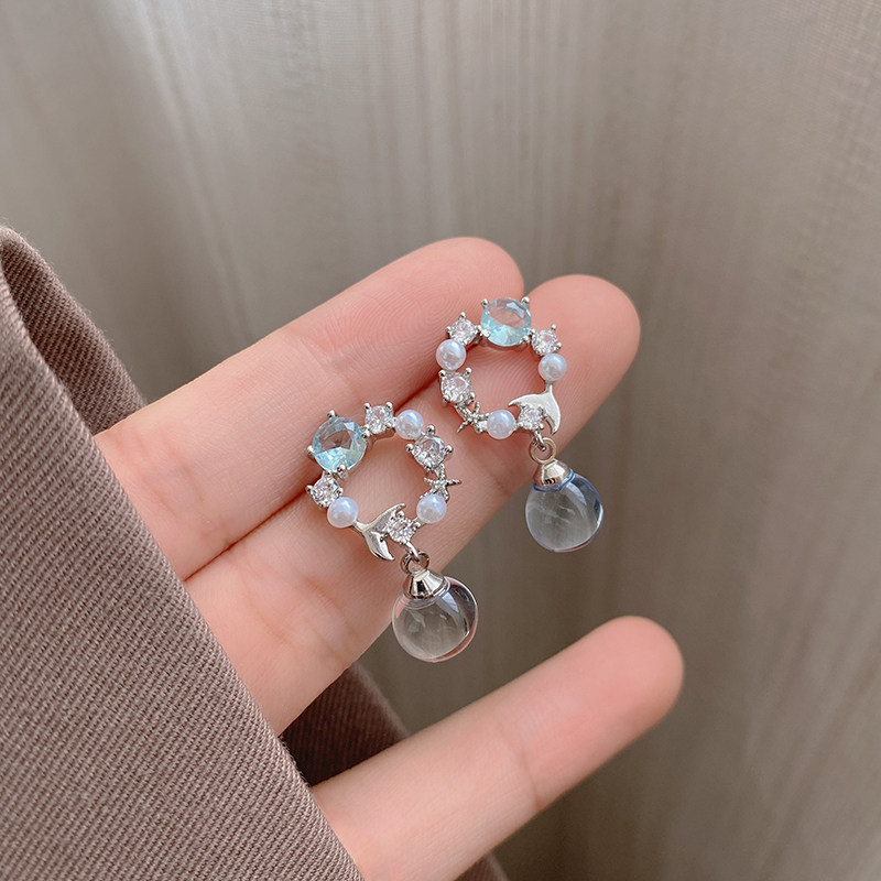 美人鱼蓝色泡沫小众简约耳钉女韩国气质水晶耳环新款潮流耳夹耳饰