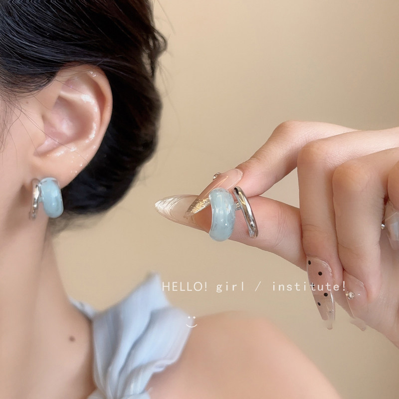 冰萃碧落蓝色C型耳环女小众设计感冰透感耳钉轻奢高级感独特耳饰