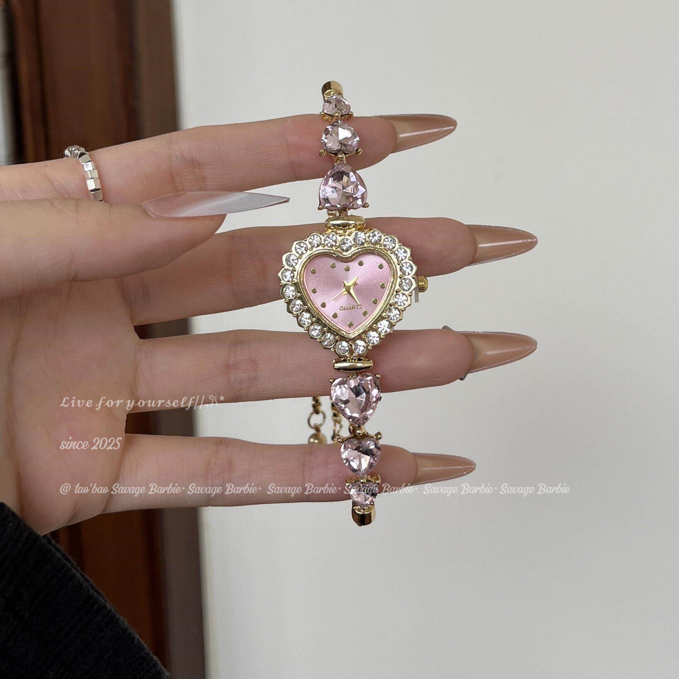 Vintage中古粉钻爱心手表高级感气质轻奢手链抽拉绳可调节手饰女