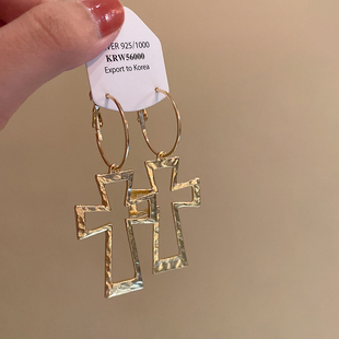欧美复古十字架耳环女镂空金属长款个性耳钉小众夸张轻奢气质耳饰