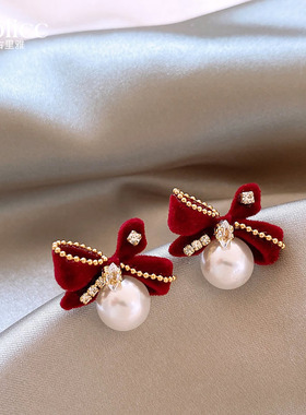 红色丝绒蝴蝶结珍珠耳钉女2026新款爆款高级感秋冬耳环圣诞耳饰品