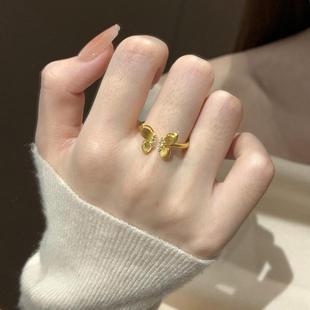 中古金色拉丝蝴蝶戒指女轻奢高级感开口食指戒小众设计感精致指环