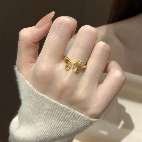 中古金色拉丝蝴蝶戒指女轻奢高级感开口食指戒小众设计感精致指环