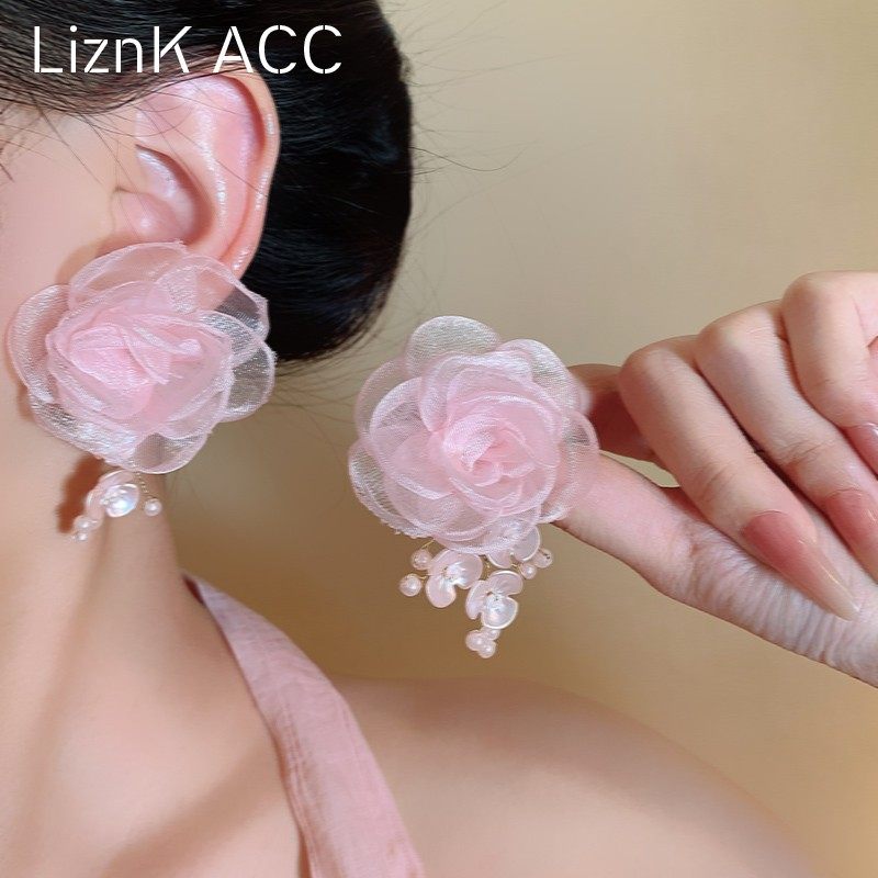 粉色网纱花朵流苏耳环2025超火新款爆款甜美耳钉春夏夸张耳饰女