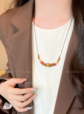 新中式复古木质串珠吊坠项链女小众设计民族风时尚百搭长款毛衣链